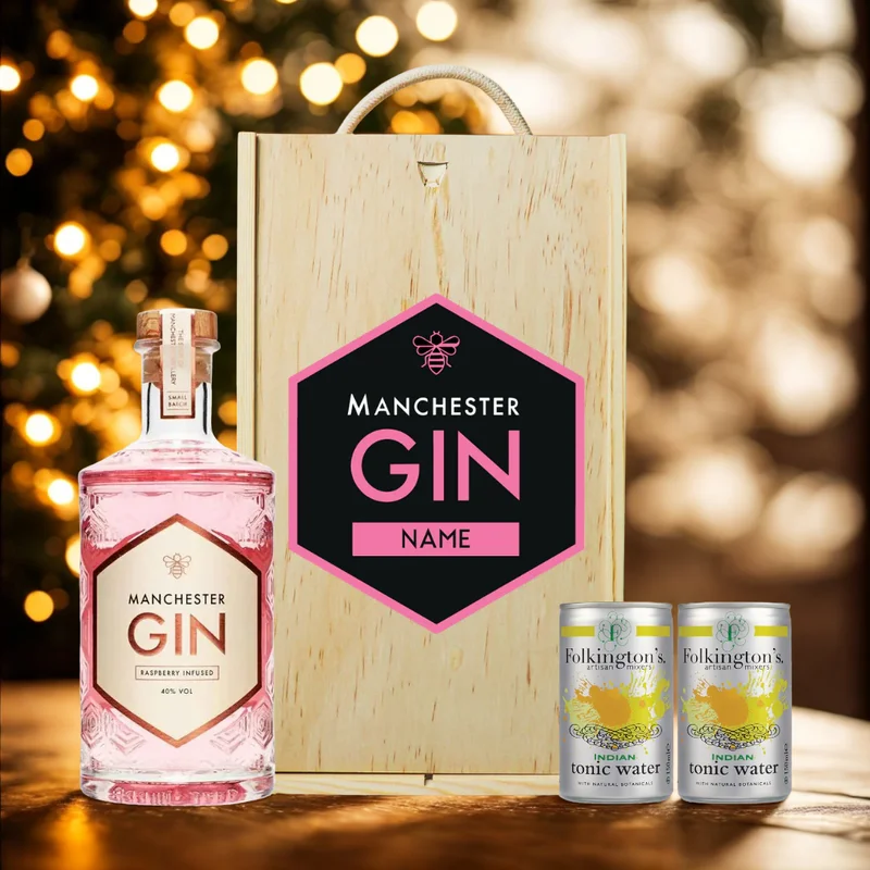 Personalised Manchester Gin Raspberry Infused Gift Set with Folkingtons Tonics 50cl – (40% ABV) – Bild 2