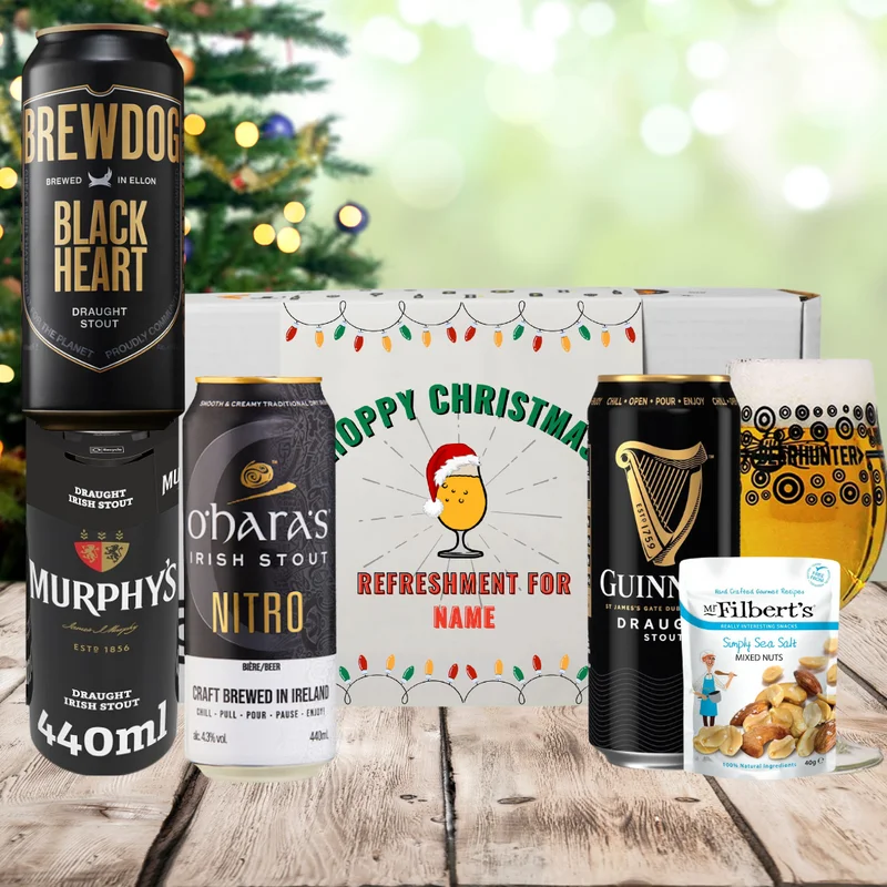 Personalised ‚Hoppy Christmas‘ Stout Beer 4 Can Gift Pack with Glass & Snack – Bild 2