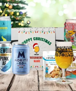 Personalised ‚Hoppy Christmas‘ Low/No Alcohol Beer 5 Can Gift Pack with Glass & Snack