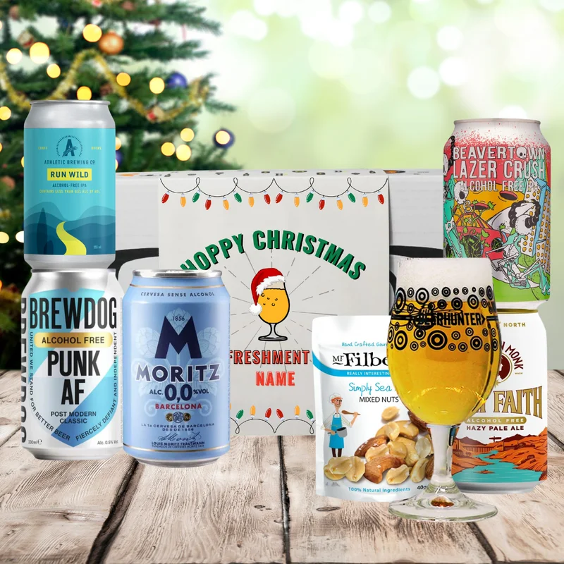 Personalised ‚Hoppy Christmas‘ Low/No Alcohol Beer 5 Can Gift Pack with Glass & Snack – Bild 2