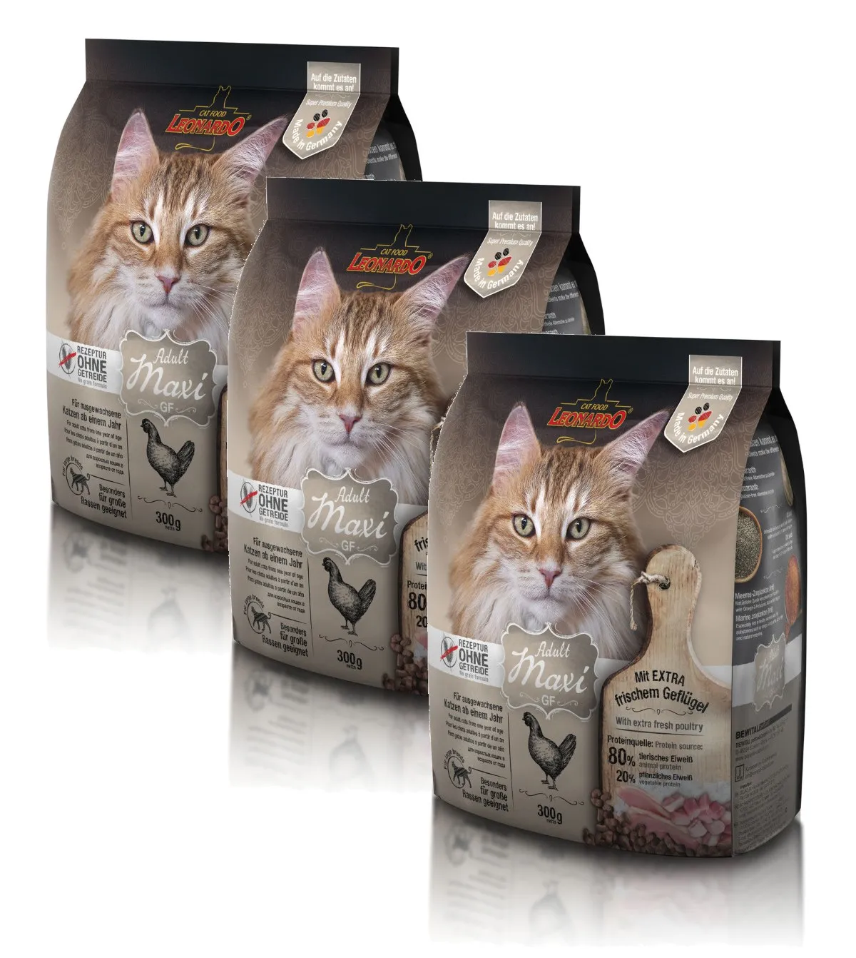 Katzen Trockenfutter – 3x Adult GF Maxi mit Geflügel 300g – Getreidefrei – Leonardo Katzenfutter – Bild 2