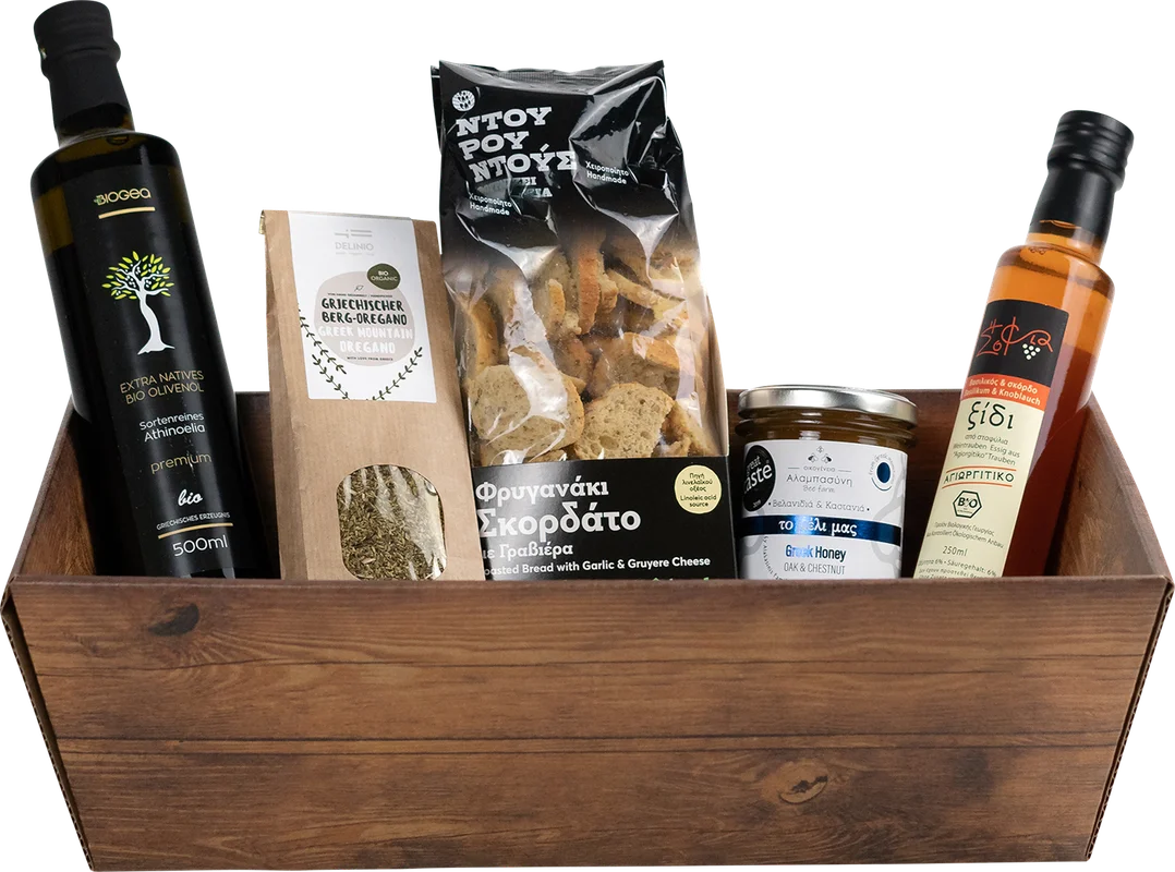 Biogea gift basket Peloponnese (1x olive oil + 1x red wine vinegar + 1x oregano + 1x bread snacks + 1x honey) – Bild 2