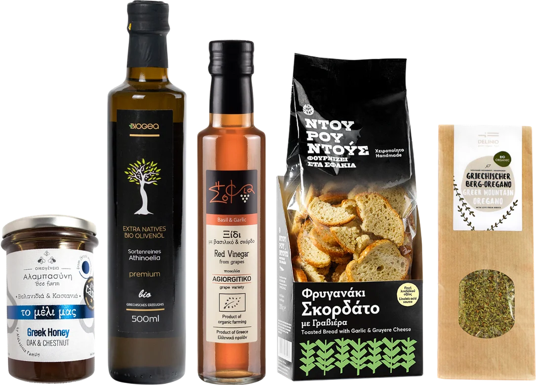 Christmas gift box Peloponnese (1x olive oil + 1x red wine vinegar + 1x oregano + 1x bread snacks + 1x honey) – Bild 2