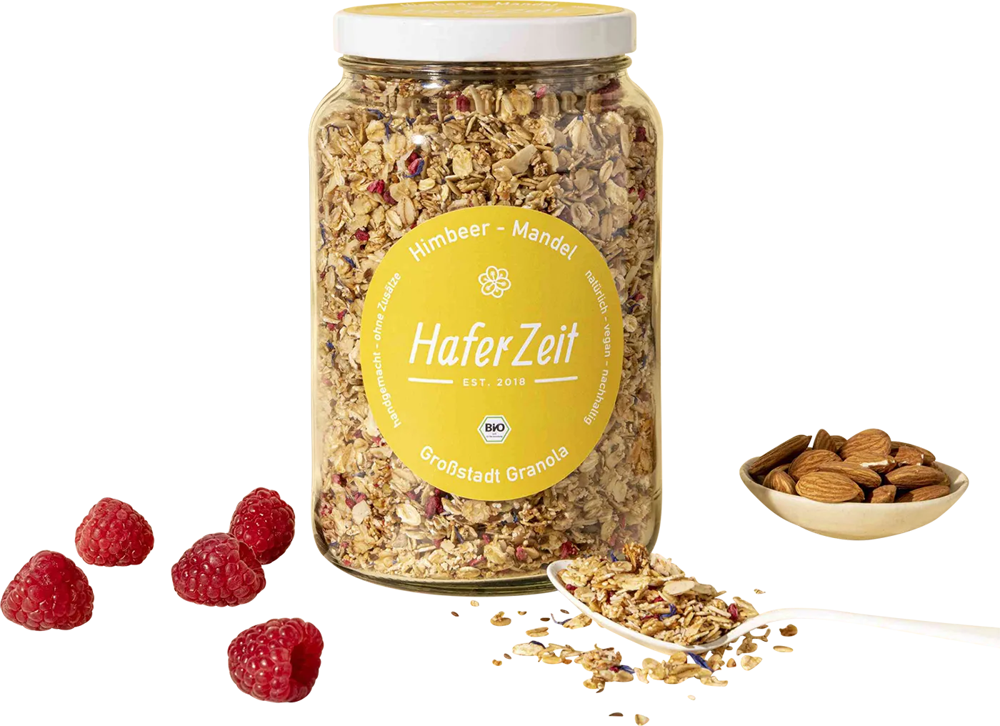 Bio Granola Himbeer Mandel im Glas – Müslimischung – Bild 2
